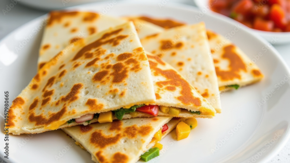 A plate of quesadillas with colorful fillings. A plate of quesadillas with colorful fillings.