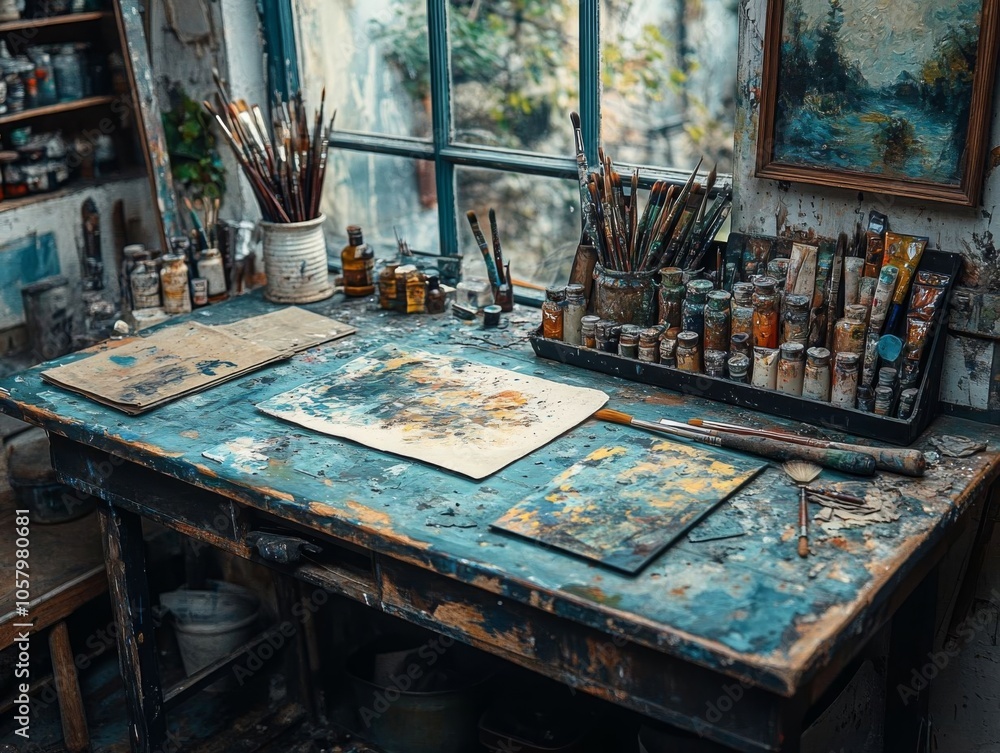 Close-up of an artist's weathered table. Close-up of an artist's weathered table.