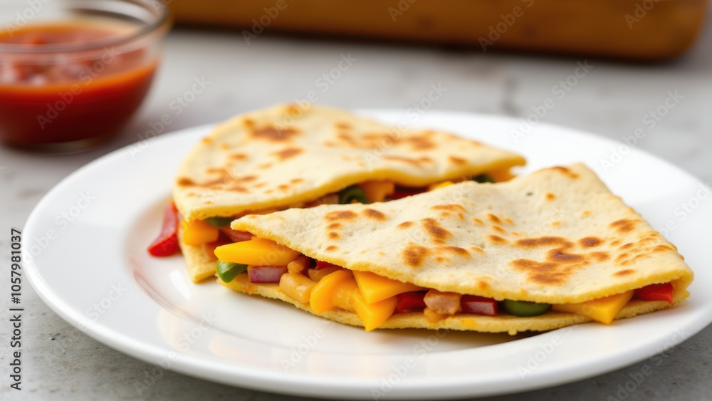 A plate of delicious cheese quesadillas with colorful toppings. A plate of delicious cheese quesadillas with colorful toppings.