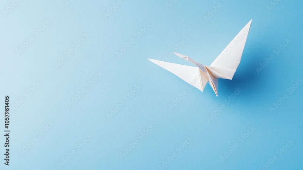 Elegant White Paper Crane on Soft Blue Background Elegant White Paper Crane on Soft Blue Background