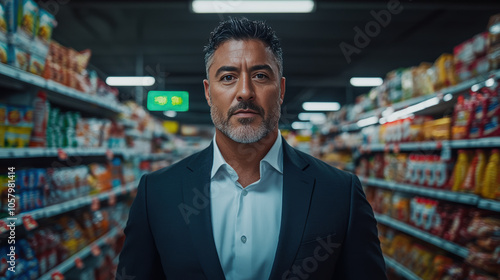 Confident Middle-Aged Man in Suit Standing in Grocery Store Aisle with Focused Expression