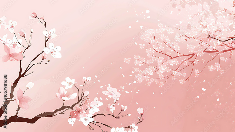 Delicate cherry blossom branches with pink and white flowers against a soft pink background. The image evokes a sense of peace and tranquility. Delicate cherry blossom branches with pink and white flowers against a soft pink background. The image evokes a sense of peace and tranquility.