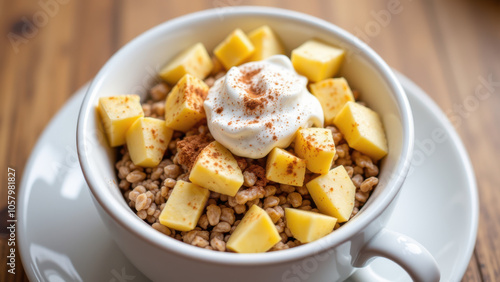 A bowl of oatmeal topped with sliced bananas and a dollop of whipped cream, sitting on a wooden table.