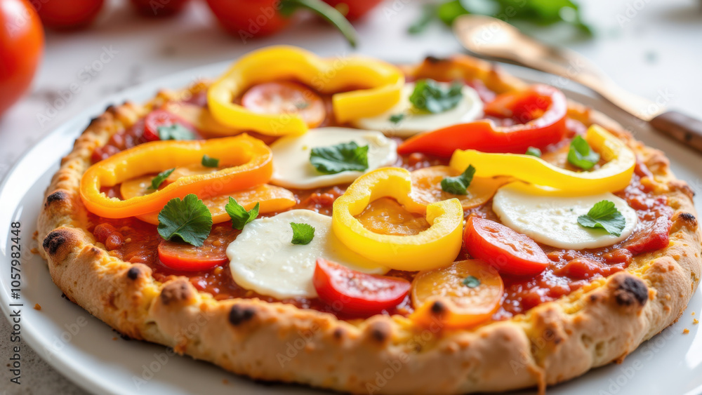 Delicious homemade pizza with colorful toppings, ready to be served. Delicious homemade pizza with colorful toppings, ready to be served.