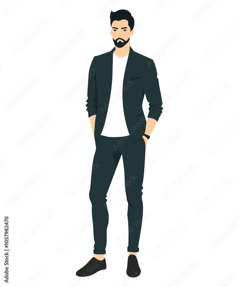 Vector illustration. A young man with a beard and a black jacket and pants that create a monochrome bow. A light T-shirt adds contrast. Vector illustration. A young man with a beard and a black jacket and pants that create a monochrome bow. A light T-shirt adds contrast.