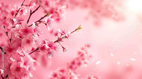 Soft pink cherry blossoms against a blurred background.