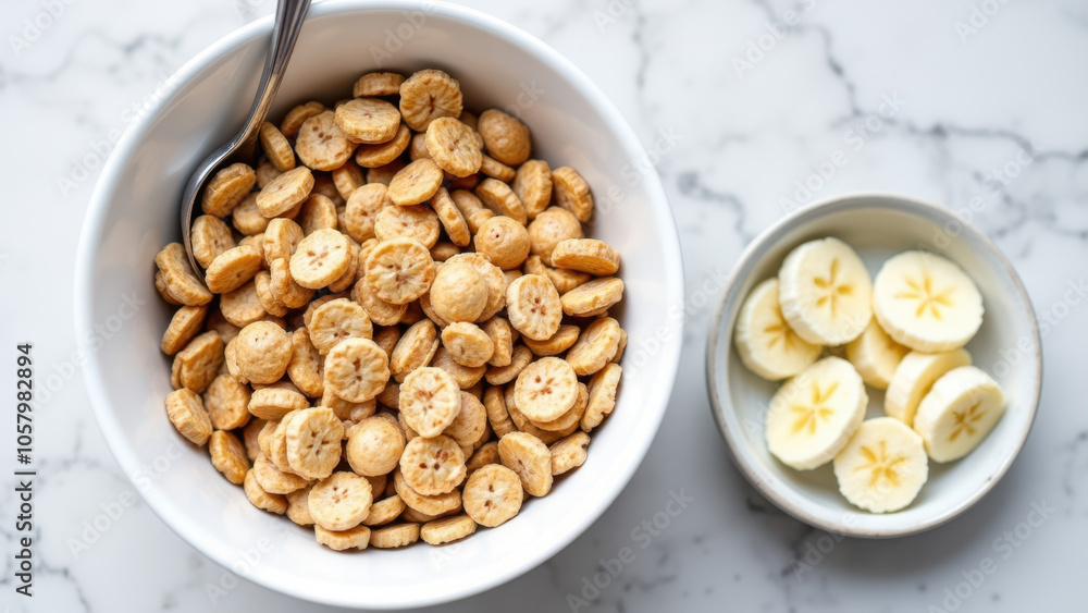 A bowl of cereal next to a plate with sliced bananas. A bowl of cereal next to a plate with sliced bananas.