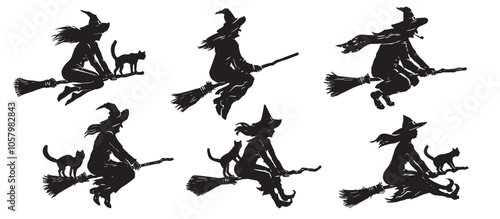 Halloween collection set of 6 different isolated black silhouettes of witches with cats flying on a broomstick photo