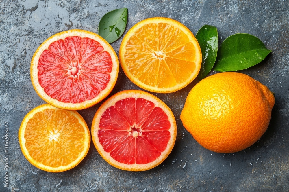Citrus slices of orange lemon and grapefruit on blue background representing color contrast freshness and wellness in a vibrant minimalistic setup Citrus slices of orange lemon and grapefruit on blue background representing color contrast freshness and wellness in a vibrant minimalistic setup