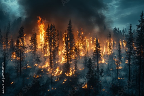 A huge forest is burning as a result of a wildfire. Generative AI