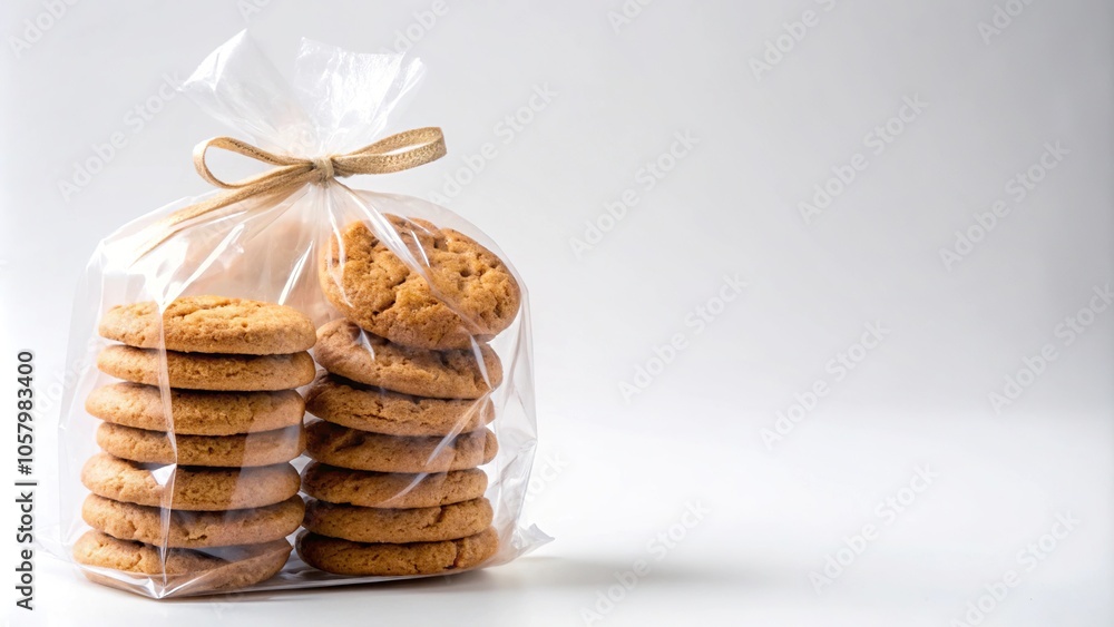 Medium shot of cookies packages in cellophane on white background Medium shot of cookies packages in cellophane on white background