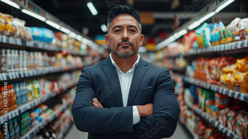 Confident Middle-Aged Man in Suit Standing in Grocery Store Aisle with Focused Expression