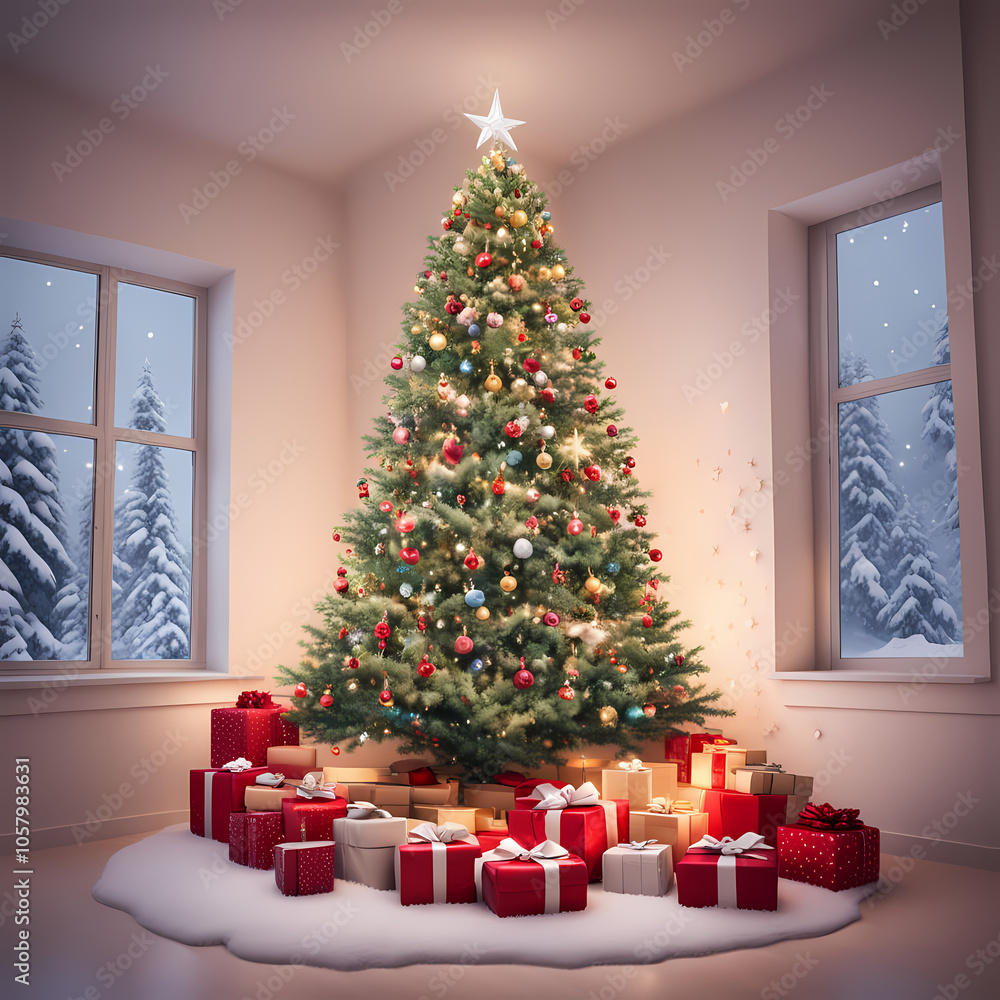 A huge Christmas tree with bright lights and presents. Snow background, cozy, christmas.
A huge Christmas tree with bright lights and presents. Snow background, cozy, christmas.