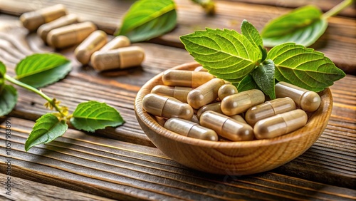 Wallpaper Mural Medium shot of herbal pills with leaves, nutrition supplement Torontodigital.ca