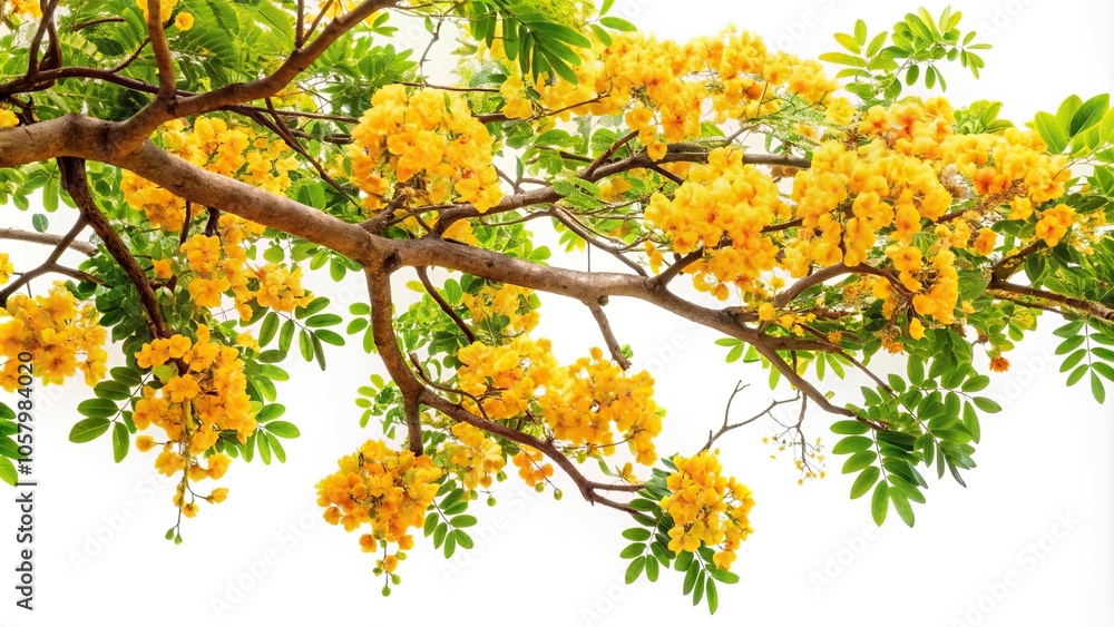 Medium shot of Krishna Chura tree flowers, leaves, and branches isolated in foreground Medium shot of Krishna Chura tree flowers, leaves, and branches isolated in foreground