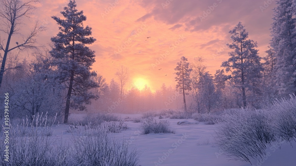 A picturesque snow-covered landscape at dawn, with frosted trees glistening in the early morning light. A picturesque snow-covered landscape at dawn, with frosted trees glistening in the early morning light.