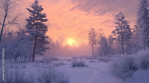 A picturesque snow-covered landscape at dawn, with frosted trees glistening in the early morning light.