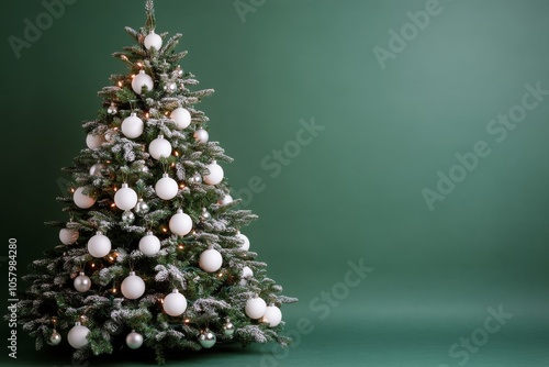 A beautifully decorated Christmas tree with white ornaments against a dark green background photo