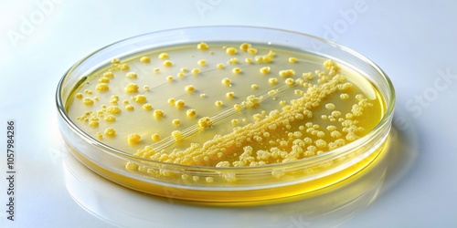 Medium shot of Petri dish with yellowish clear colonies of Shigella flexneri photo