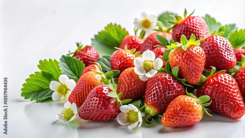 Medium Shot of ripe strawberries in full bloom on a white surface