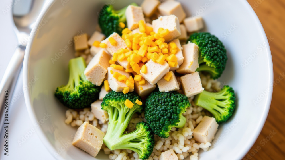 A bowl of cooked brown rice with broccoli and tofu, topped with yellow corn. A bowl of cooked brown rice with broccoli and tofu, topped with yellow corn.