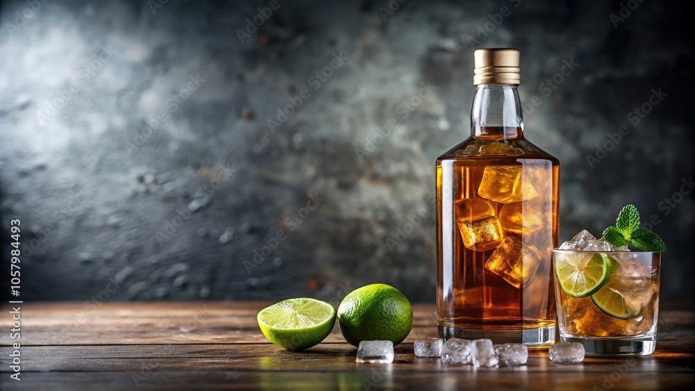 Medium shot of rum with ice and coconut, a bottle of rum with lime Medium shot of rum with ice and coconut, a bottle of rum with lime