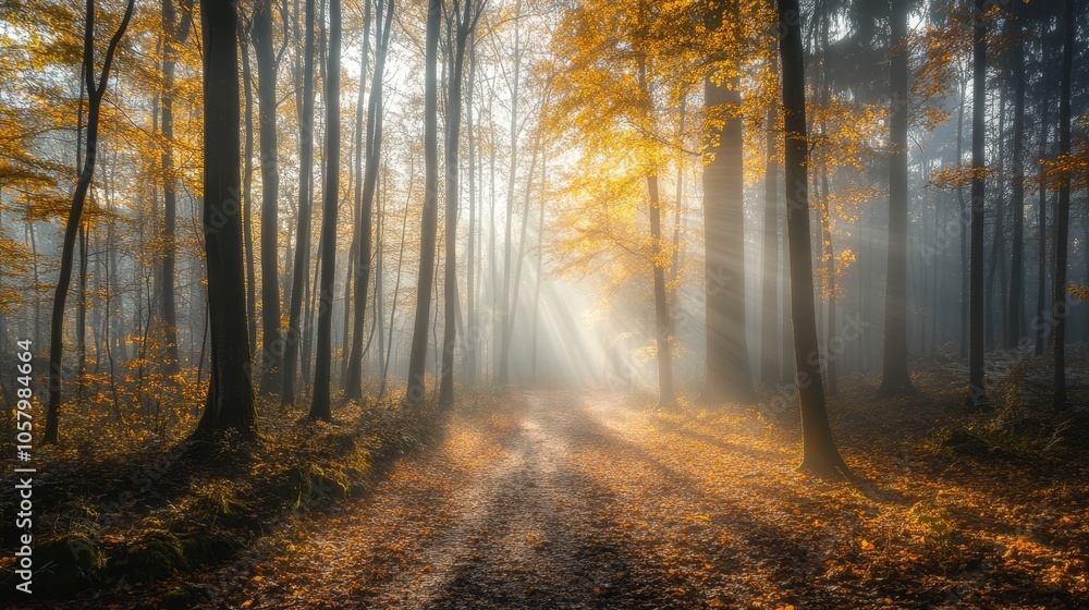 Enchanted Autumn Forest with Sunlight Rays Enchanted Autumn Forest with Sunlight Rays