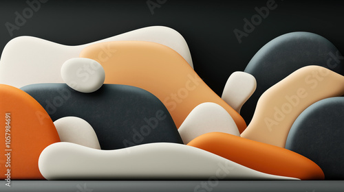 Abstract 3D composition featuring smooth, rounded shapes with flowing contours in orange, beige, dark gray, and white tones against a dark background.