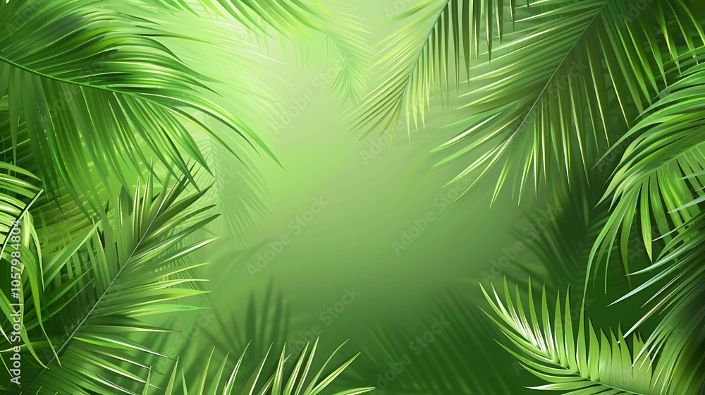 Fototapeta premium This image is a lush, tropical background featuring vibrant green palm leaves.