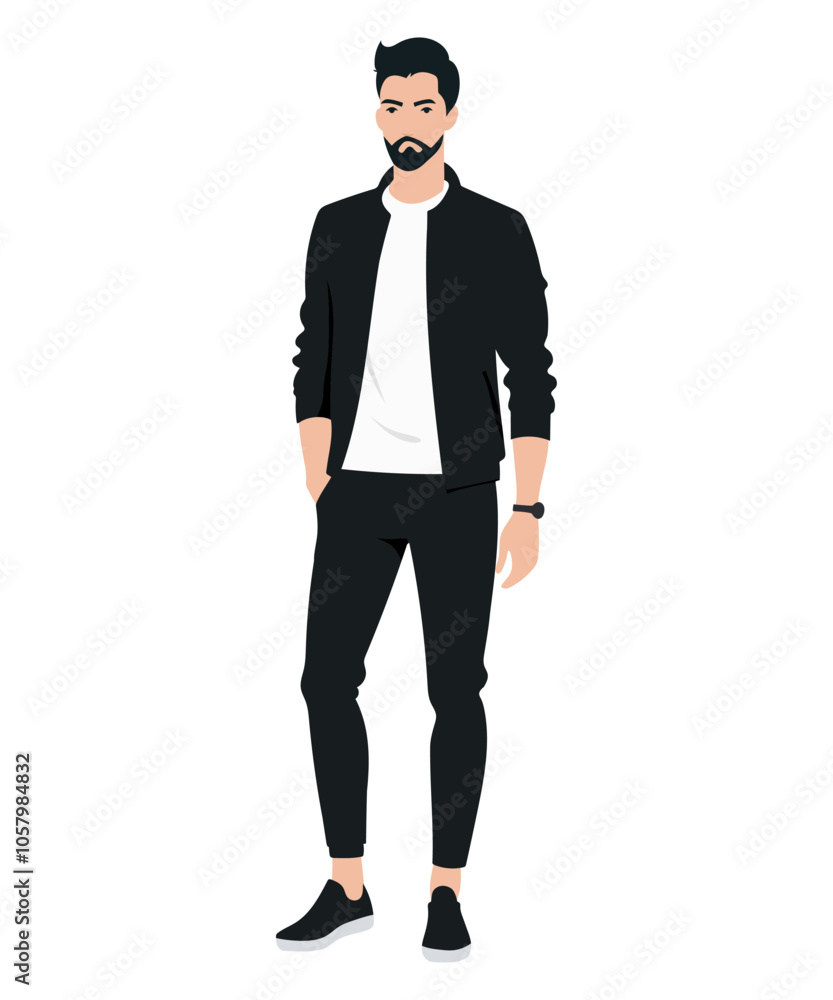 Vector illustration. Young man Elegant casual look with black bomber jacket and dark trousers creating a strict and stylish look. Vector illustration. Young man Elegant casual look with black bomber jacket and dark trousers creating a strict and stylish look.