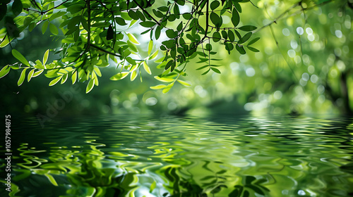 The image is a beautiful nature scene, with green leaves hanging over a still body of water. photo