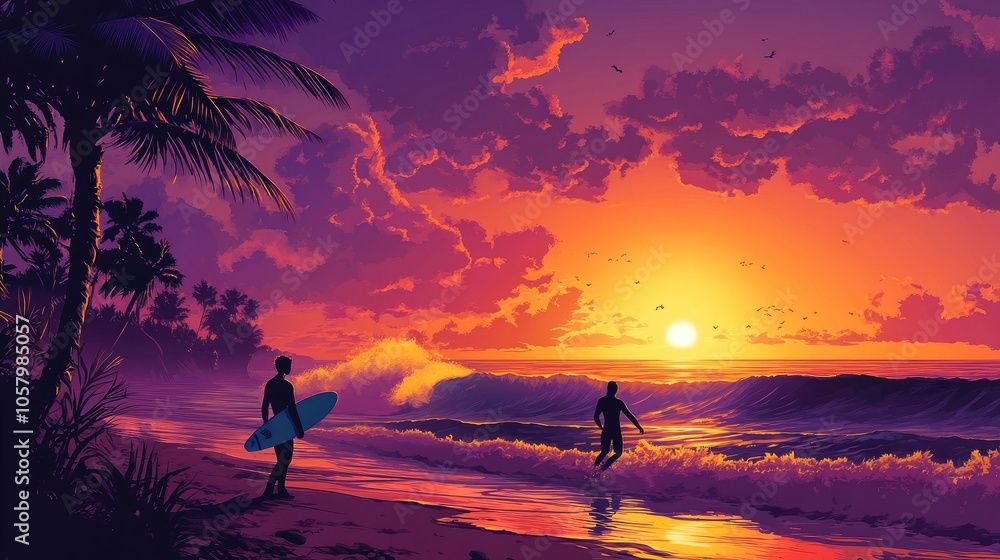 Fototapeta premium A tranquil beach sunset with silhouettes of surfers catching waves and a vibrant sky in the background.