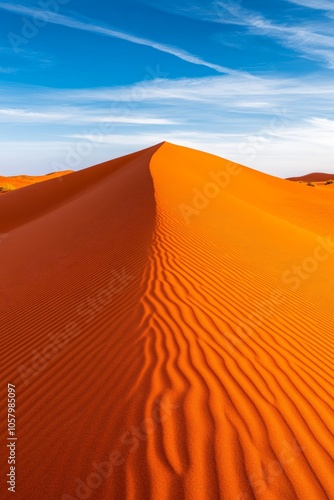 A vibrant desert landscape featuring a striking orange sand dune under a blue sky.