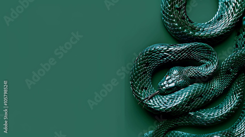 A green snake with red eyes is coiled up on a solid green background. The snake is in the center of the image. photo