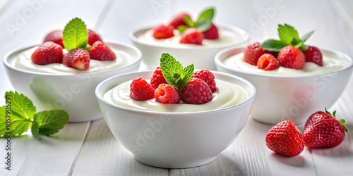 Medium shot white bowls filled with yogurt, strawberries, raspberries on white background