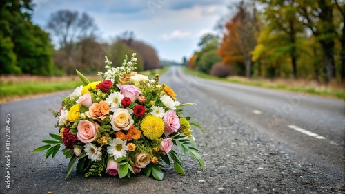 Memorial bouquet at the site of a road accident with a symmetrical arrangement photo