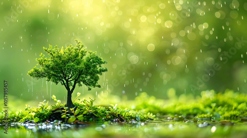 The image is a beautiful landscape of a green tree in a field of grass. The sun is shining brightly, and the rain is falling gently.