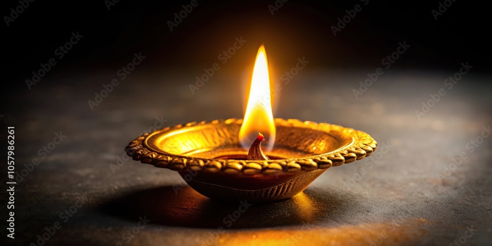 metallic golden glowing lamp with yellow flame in dark background in aerial view metallic golden glowing lamp with yellow flame in dark background in aerial view