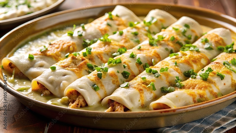 Mexican cuisine dish with enchiladas suizas in creamy sauce and cheese Mexican cuisine dish with enchiladas suizas in creamy sauce and cheese