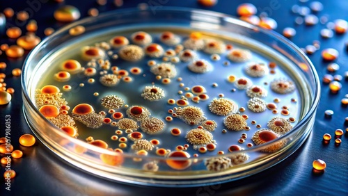 Microscopic bacterial colonies in petri dish photo