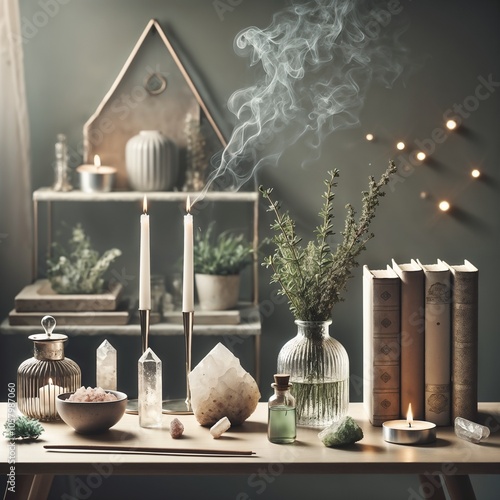 Decorative still life with candles, calm atmosphere, herbs, books, and crystals on a wooden table