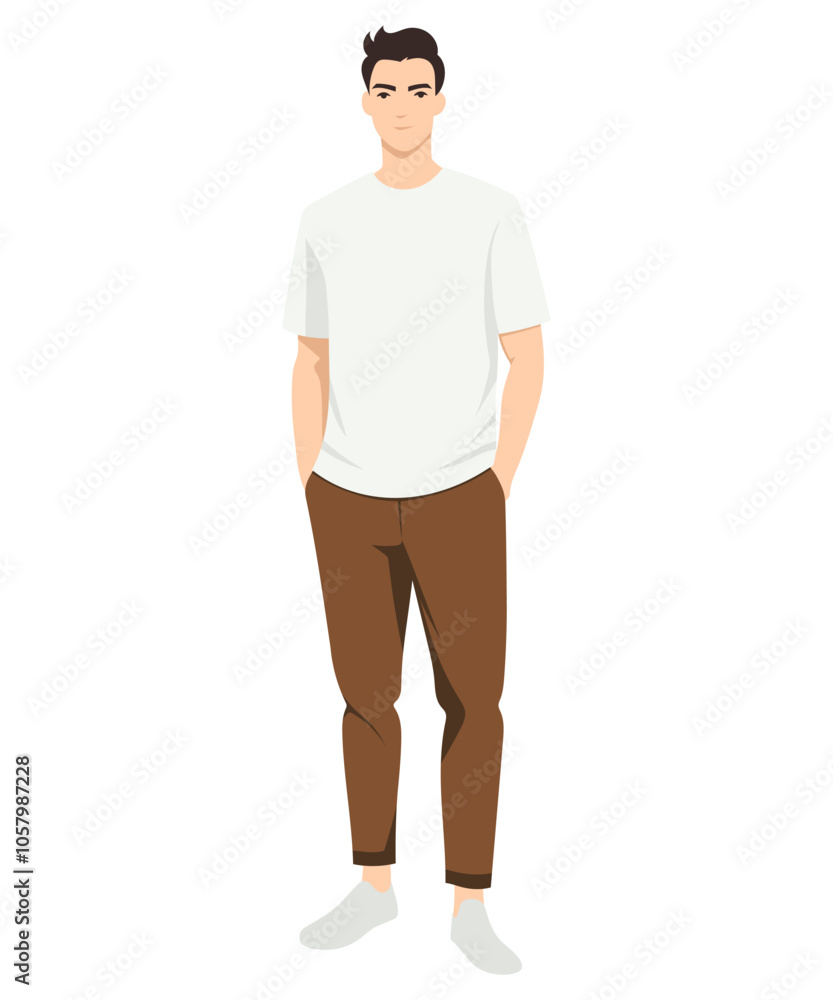 Vector illustration. Young man easy look with beige t-shirt and brown trousers creating a feeling of comfort and style. Vector illustration. Young man easy look with beige t-shirt and brown trousers creating a feeling of comfort and style.