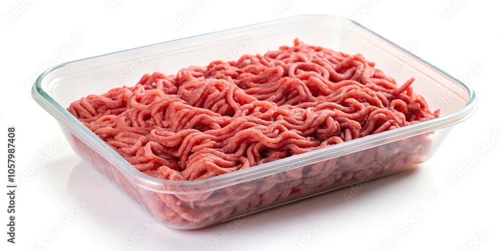 Minced meat container on white background, isolated minimalist image Minced meat container on white background, isolated minimalist image