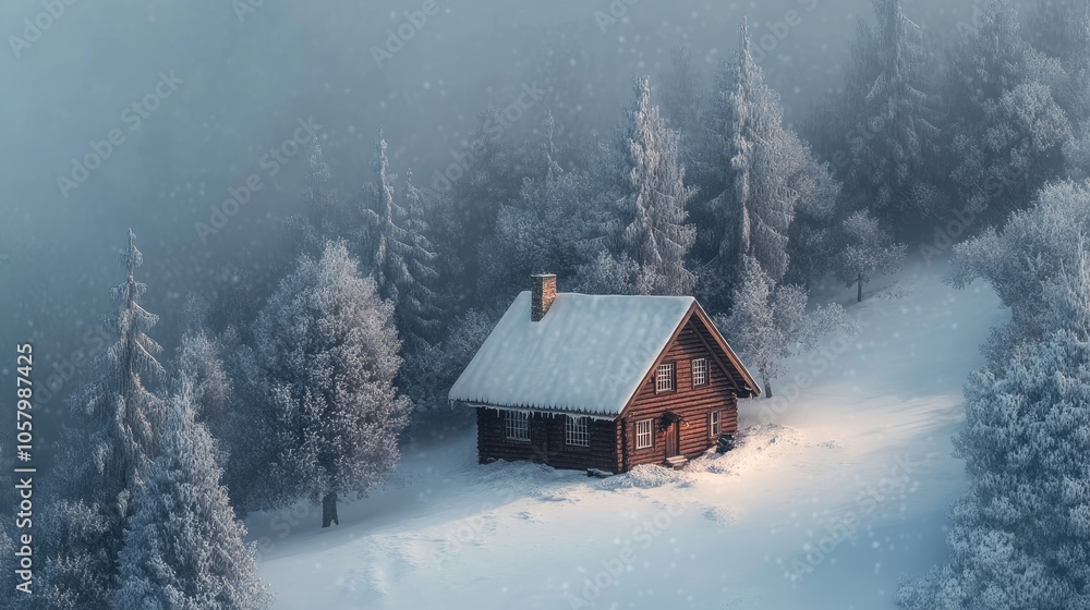 Cozy winter scene with a cabin surrounded by snow-covered trees Cozy winter scene with a cabin surrounded by snow-covered trees