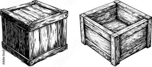 Vector sketch of a wooden box crate. Vintage line art illustration of an empty hand drawn case.