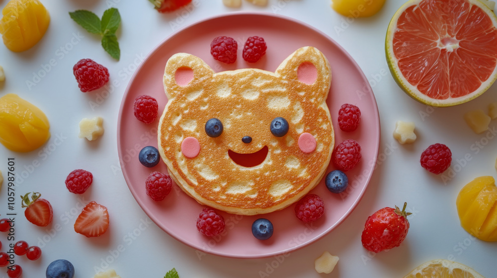 A cheerful pancake with a cute smiling cat face sits at the center of a pink plate, surrounded by fresh fruit slices and blueberry, strawberry, lemon, grapefruit, raspberry. A cheerful pancake with a cute smiling cat face sits at the center of a pink plate, surrounded by fresh fruit slices and blueberry, strawberry, lemon, grapefruit, raspberry.