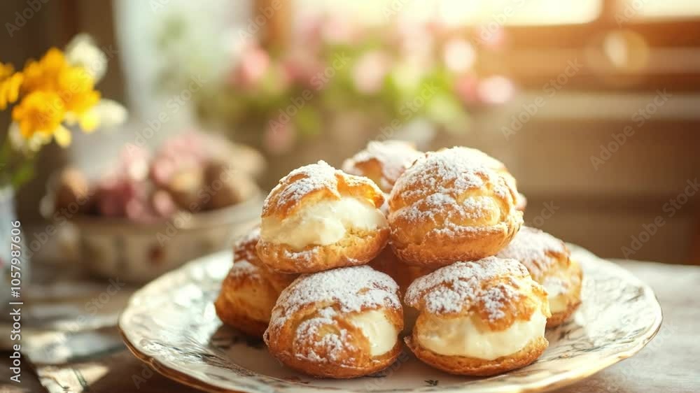 Delicious cream puffs on a floral plate in a sunlit kitchen with fresh flowers Delicious cream puffs on a floral plate in a sunlit kitchen with fresh flowers