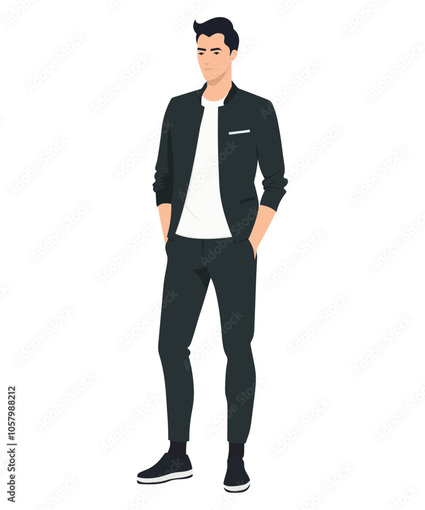 Vector illustration of a man in a black suit with classic shoes. Black suit for formal events Vector illustration of a man in a black suit with classic shoes. Black suit for formal events