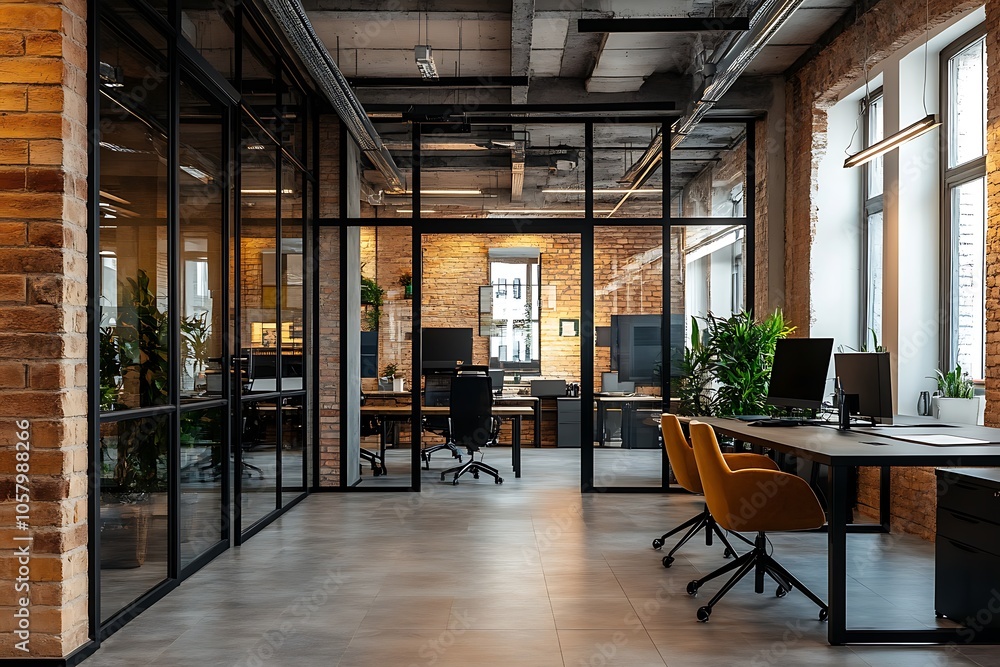 Fototapeta premium Modern Minimalistic Concrete Coworking Office room with Blank Walls, High Ceilings,and Mockup Frame