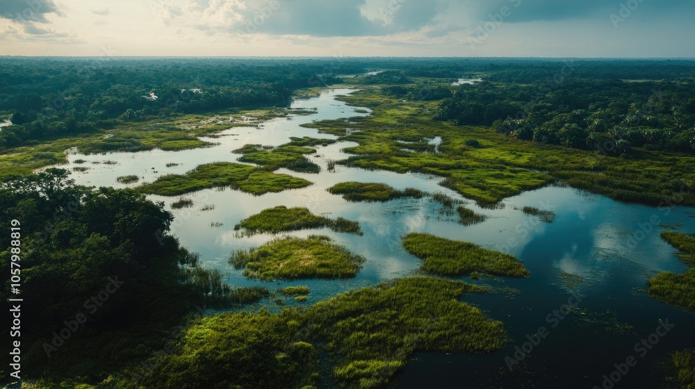 Scenic river delta with lush wetlands and wildlife Scenic river delta with lush wetlands and wildlife
